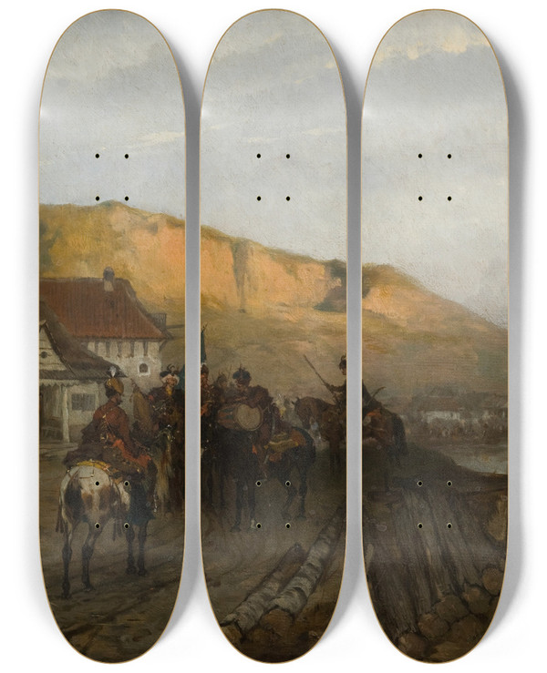 Triptych art skateboard deck of Jozef Brandt On The Dniester River by Jozef Brandt (1841-1915)