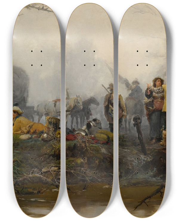 Triptych art skateboard deck of Cesare Auguste Detti The Encampment by Cesare Auguste Detti (1847-1914)