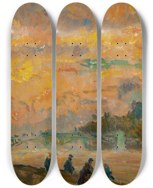 Triptych art skateboard deck of Albert Lebourg Pont Des Saintspres Paris Soleil Couchant by Albert Lebourg (1849-1928)