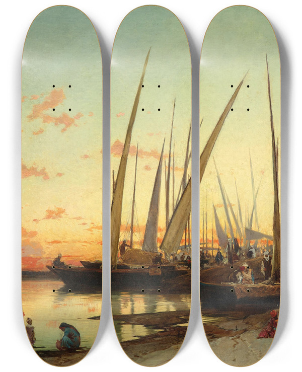 Triptych art skateboard deck of Hermann David Salomon Corrodi Egypt On The Banks Of The Nile by Hermann David Salomon Corrodi (1844-1905)
