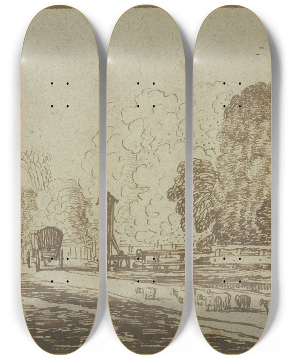 Triptych art skateboard deck of Esaias Van De Velde Road Leading To A Village by Esaias van de Velde (1587-1630)