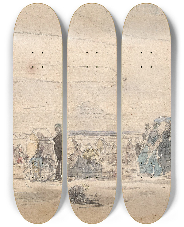Triptych art skateboard deck of Eugne Boudin Scne De Plage Deauville by Eugene Boudin (1824-1898)