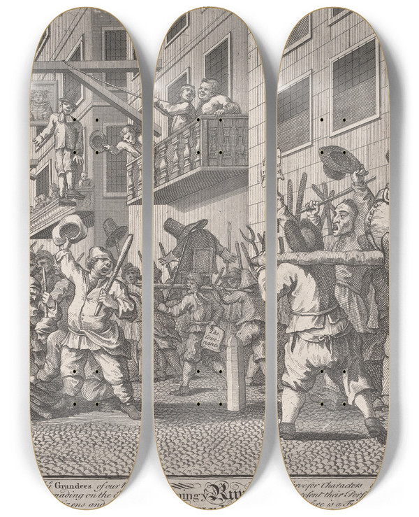Triptych art skateboard deck of William Hogarth Burning Ye Rumps At Templebarr No11 by William Hogarth (1697-1764)