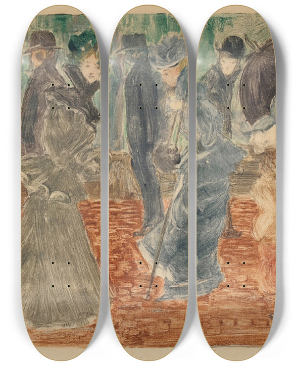 Triptych art skateboard deck of Maurice Prendergast Rainy Day Boston by Maurice Prendergast (1858-1924)