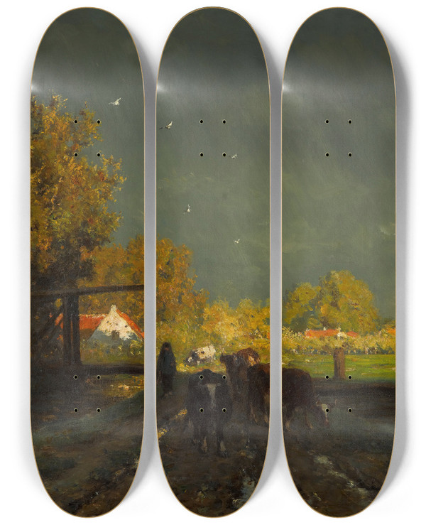 Triptych art skateboard deck of Willem Roelofs The Rainbow by Willem Roelofs (1822-1897)