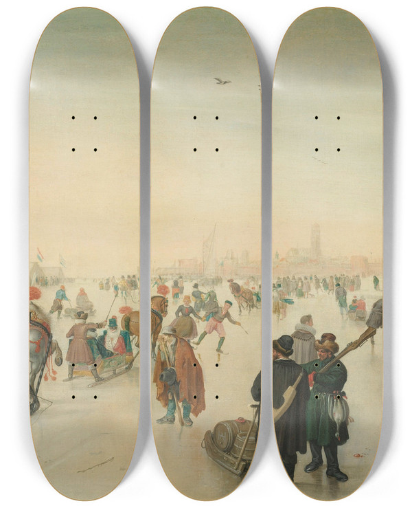 Triptych art skateboard deck of Hendrick Avercamp Enjoying The Ice Near A Town by Hendrick Avercamp (1585-1634)