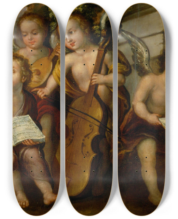 Triptych art skateboard deck of Juan Correa The Infant Jess With Angelic Musicians by Juan Correa (1646-1716)
