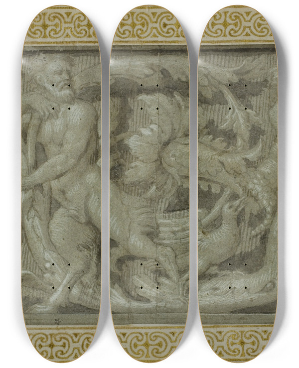 Triptych art skateboard deck of Circle Of Giovanni Antonio Desacchis Frieze With Satyr Nymph And Putti by Circle of Giovanni Antonio deSacchis (1484-1539)