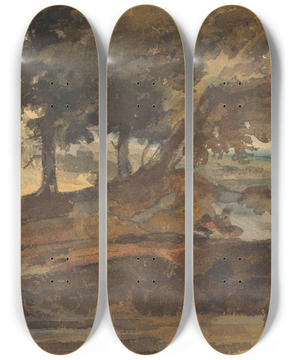 Triptych art skateboard deck of Thomas Sully Landscape With Knoll With Trees Figure On Horseback by Thomas Sully (1783-1872)