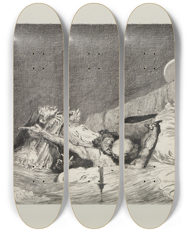 Triptych art skateboard deck of Max Klinger Ngste Ein Handschuh Opus Vi Blatt 7 by Max Klinger (1857-1920)