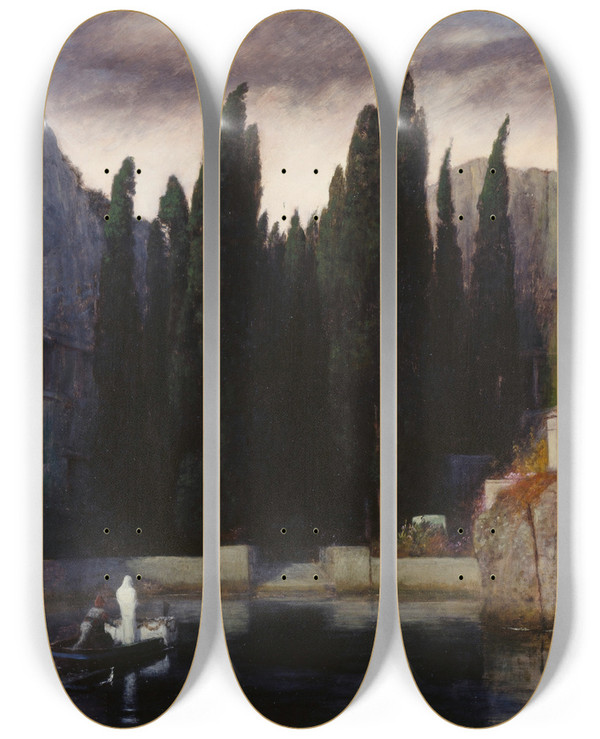 Triptych art skateboard deck of Arnold Bcklin Die Toteninsel Iii by Arnold Bocklin (1827-1901)