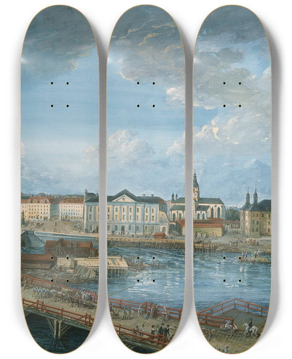 Triptych art skateboard deck of Elias Martin View Of Stockholm V by Elias Martin (1739-1818)