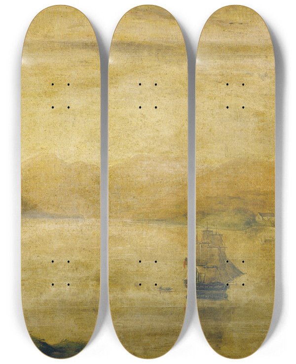 Triptych art skateboard deck of Charles Decimus Barraud Settlement At Port Ross Auckland Islands by Charles Decimus Barraud (1822-1897)