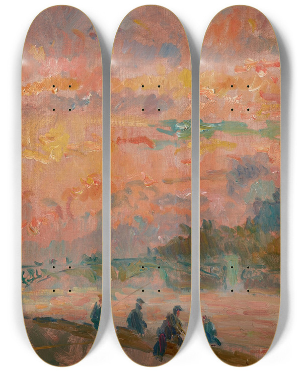 Triptych art skateboard deck of Albert Lebourg Coucher De Soleil Sur La Seine Paris by Albert Lebourg (1849-1928)