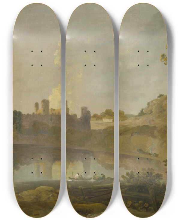 Triptych art skateboard deck of Richard Wilson Summer Evening Caernarvon Castle by Richard Wilson (1714-1782)