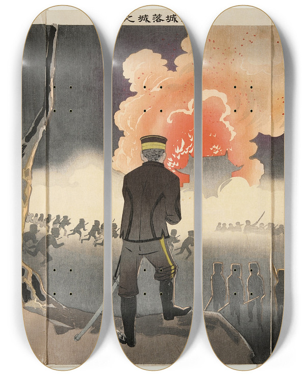 Triptych art skateboard deck of Kobayashi Kiyochika The Fall Of Chinchow Fort by Kobayashi Kiyochika (1847-1915)