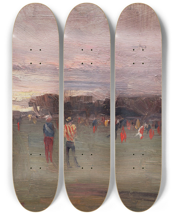 Triptych art skateboard deck of Arthur Streeton The National Game by Arthur Streeton (1867-1943)