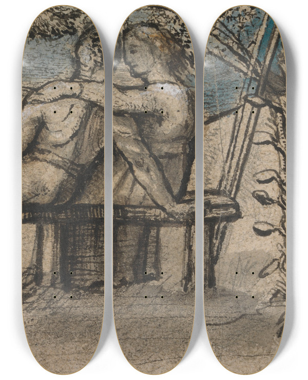 Triptych art skateboard deck of Welby Sherman Shepherd And Shepherdess By Moonlight by Welby Sherman
