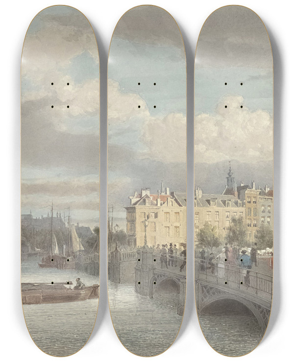 Triptych art skateboard deck of Reinier Craeyvanger Gezicht Op De Halvemaansbrug Bij De Amstel Te Amsterdam by Reinier Craeyvanger (1812-1880)