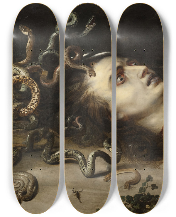 Triptych art skateboard deck of Peter Paul Rubens Head Of Medusa by Peter Paul Rubens (1577-1640)