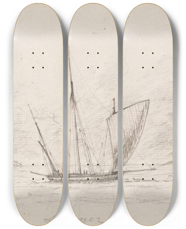 Triptych art skateboard deck of Charles Golding Constable Shipping Scene by Charles Golding Constable