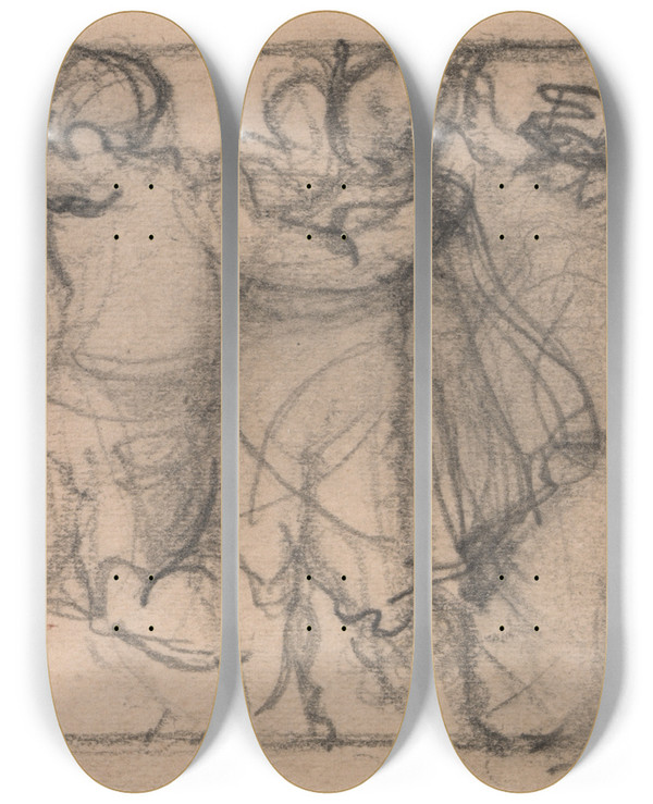 Triptych art skateboard deck of Alfred George Stevens Group Of Cherubs by Alfred George Stevens (1817-1875)