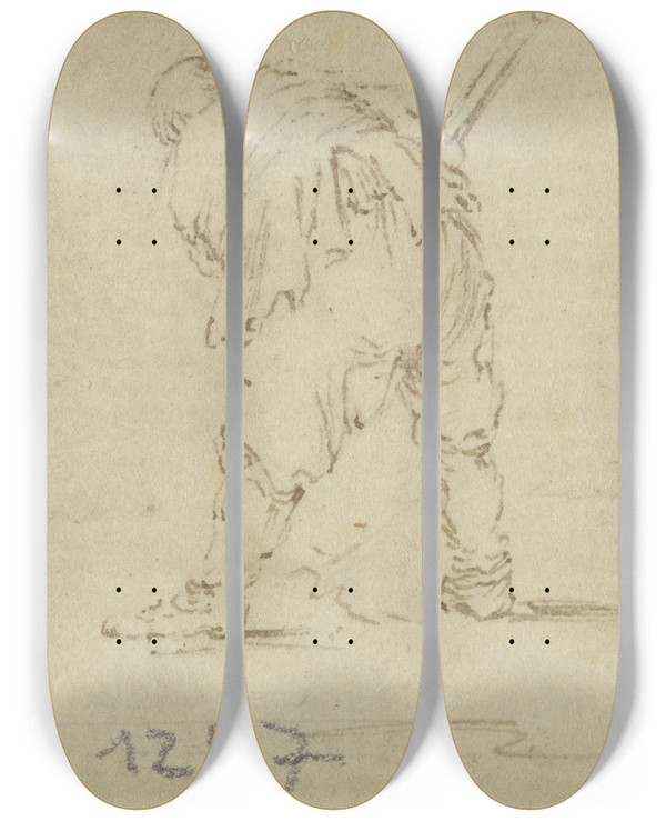 Triptych art skateboard deck of Jacques Callot Zwei Bauern In Rckenansicht Bei Der Ernte by Jacques Callot (1592-1635)