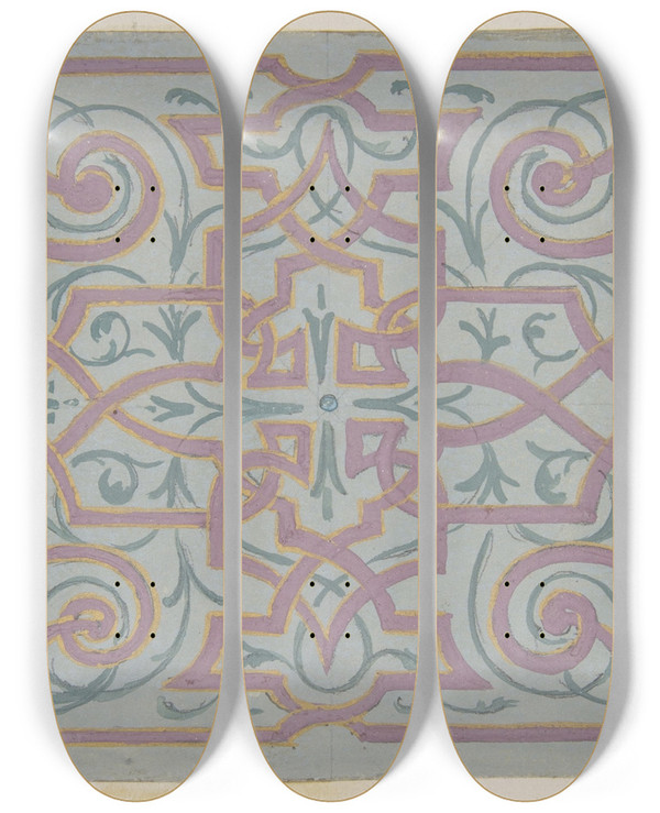 Triptych art skateboard deck of Julesedmondcharles Lachaise Design For The Decoration Of A Ceiling With Strapwork by Jules-Edmond-Charles Lachaise (1897)
