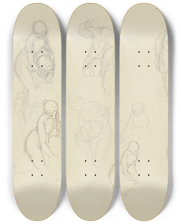 Triptych art skateboard deck of Gustav Heinrich Naecke Studienblatt Junge Frau Einen Krug Ausgieend by Gustav Heinrich Naecke (1786-1835)