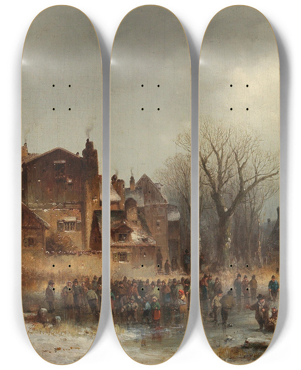 Triptych art skateboard deck of Anton Doll Winter Pleasures_2 by Anton Doll (1826-1887)