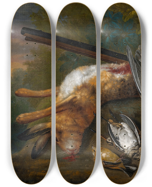 Triptych art skateboard deck of Charles Collins Dead Game by Charles Collins (1680-1744)