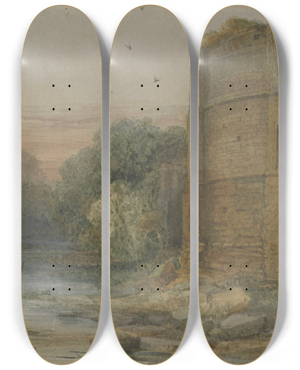 Triptych art skateboard deck of Richard Leitch Ruins By A Stream by Richard Nitsch