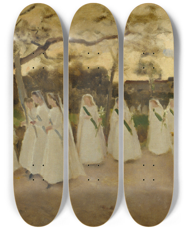 Triptych art skateboard deck of Joaquim Vayreda Procession Of Schoolgirls by Joaquim Vayreda (1843-1894)