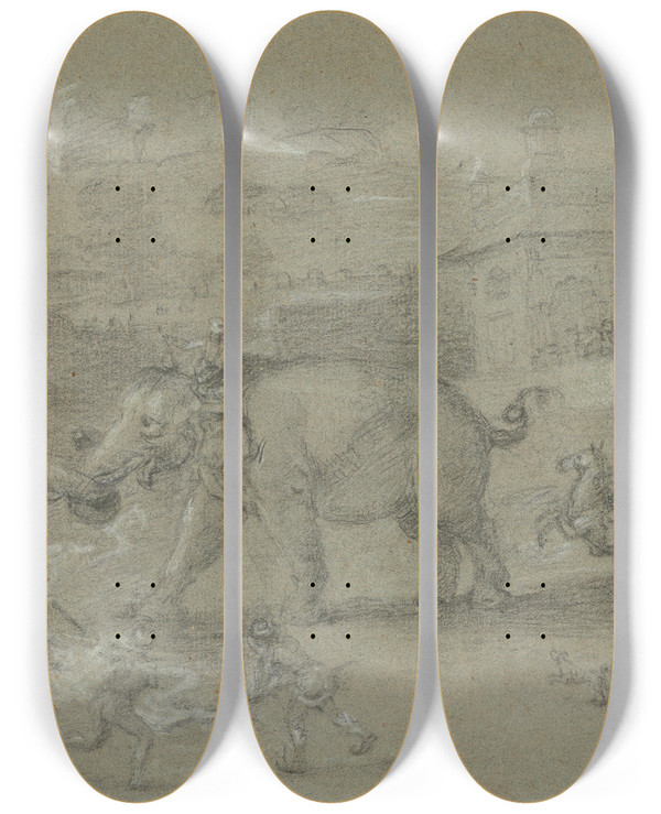 Triptych art skateboard deck of Johan Joseph Zoffany Elephants Fighting by Johan Joseph Zoffany (1733-1810)
