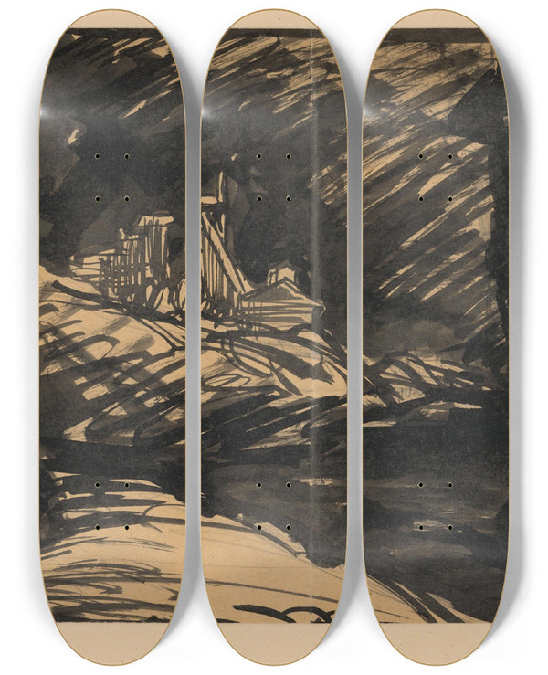 Triptych art skateboard deck of Jn Novk Landscape With A Factory by Jan Novak (1921-1944)