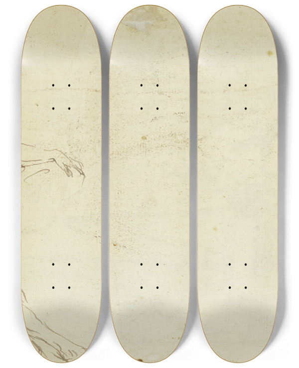 Triptych art skateboard deck of Gaspare Diziani Lying Male Nude by Gaspare Diziani (1689-1767)