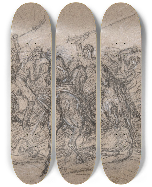 Triptych art skateboard deck of Eugne Fromentin Arab Skirmish by Eugene Fromentin (1820-1876)