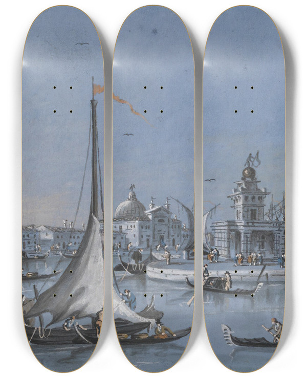 Triptych art skateboard deck of Giacomo Guardi Santa Maria Della Salute Venice And The Punta Delladogana by Giacomo Guardi (1764-1835)