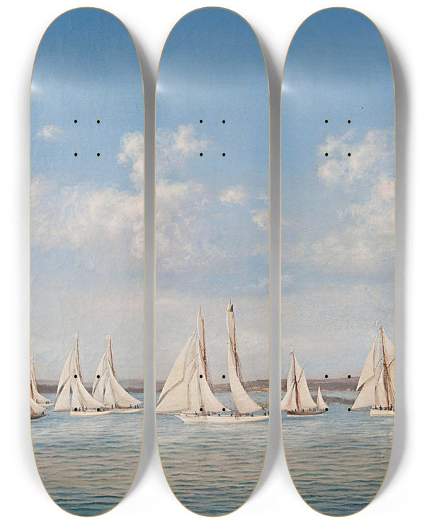 Triptych art skateboard deck of Ludwig Rubelli Von Sturmfest Segelregatta by Ludwig Rubelli Von Sturmfest (1841-1905)