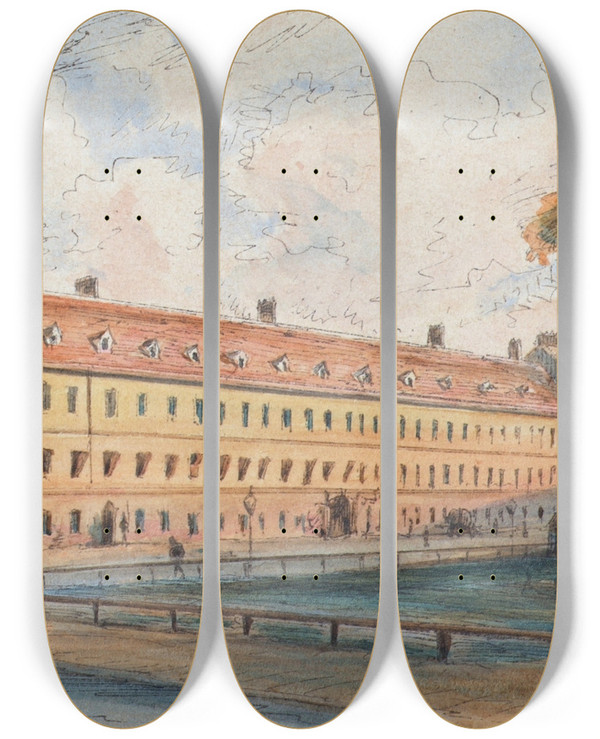 Triptych art skateboard deck of Emil Htter Die Salzgrieskaserne by Emil Hutter (1835-1886)