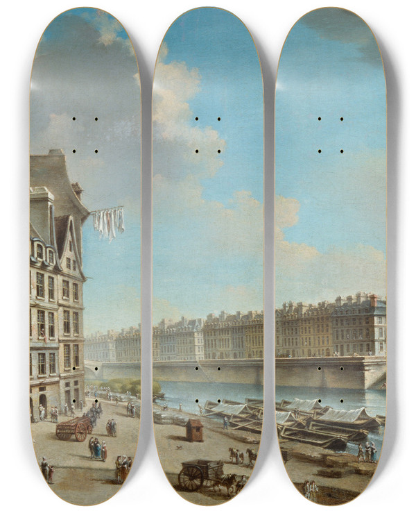 Triptych art skateboard deck of Nicolas Jeanbaptiste Raguenet La Grve Lile Saintlouis Et Le Pont Rouge Vus De La Place De La Grve by Nicolas Jean-Baptiste Raguenet (1715-1793)