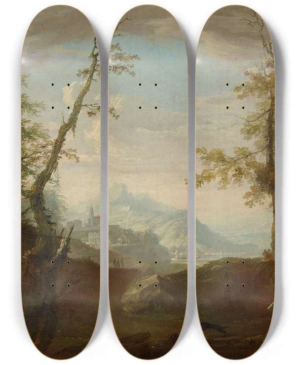 Triptych art skateboard deck of Caspar Wolf Farmhouse In A Forest Glade With Riders by Caspar Wolf (1735-1783)