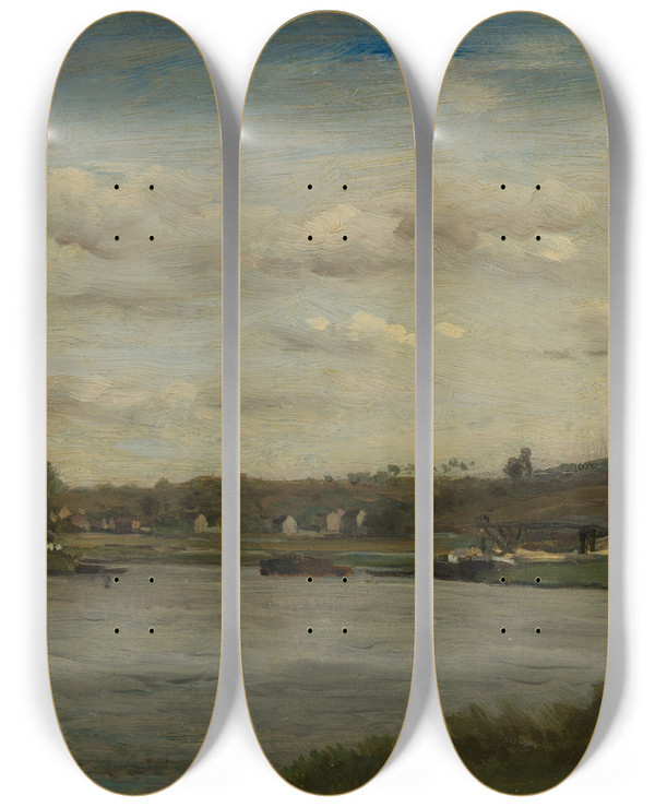 Triptych art skateboard deck of Charles Franois Daubigny Landscape On A River by Charles Francois Daubigny (1817-1878)