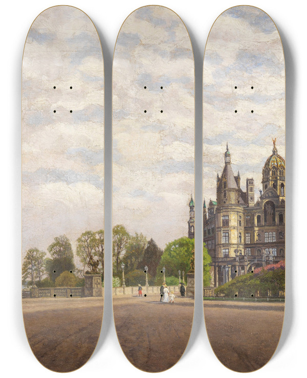 Triptych art skateboard deck of Carl Malchin Blick Auf Schloss Schwerin by Carl Malchin (1838-1923)