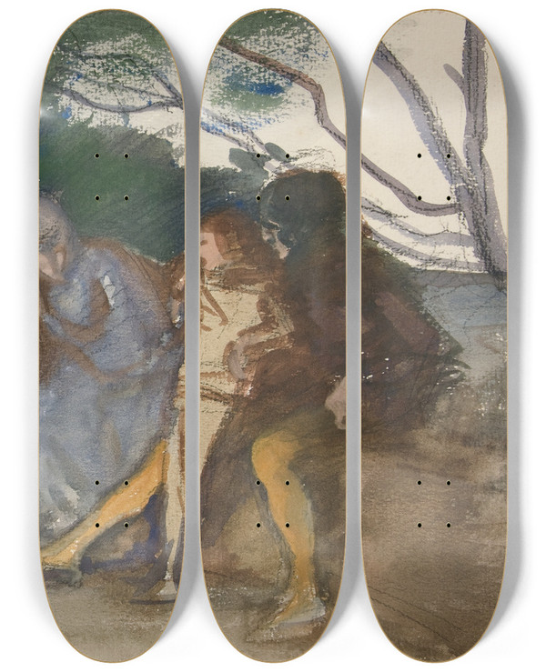 Triptych art skateboard deck of Edwin Austin Abbey Figures Seated Along An Outdoorbench by Edwin Austin Abbey (1852-1911)