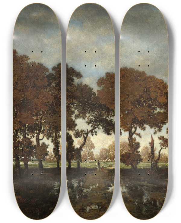 Triptych art skateboard deck of Thodore Rousseau After The Rain by Theodore Rousseau (1812-1867)