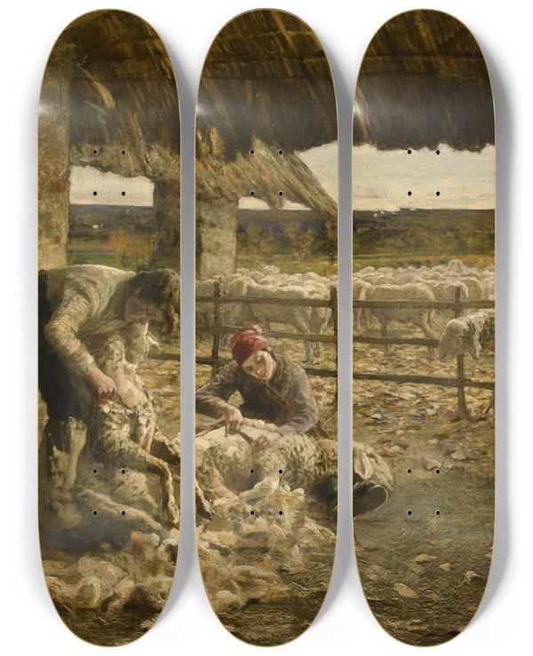 Triptych art skateboard deck of Giovanni Segantini The Sheepshearing by Giovanni Segantini (1858-1899)