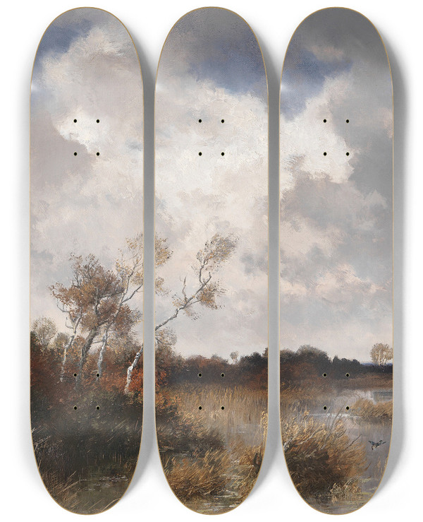 Triptych art skateboard deck of Josef Wenglein Mooslandschaft Im Herbst by Josef Wenglein (1845-1919)