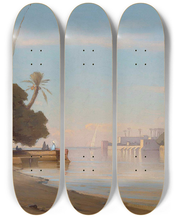 Triptych art skateboard deck of Auguste Louis Veillon Mosque On The Banks Of The Nile by Auguste Louis Veillon (1834-1890)