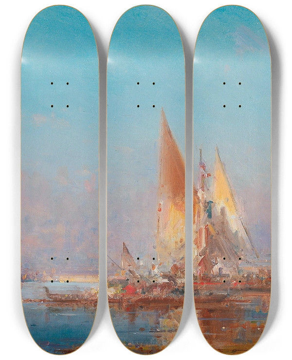 Triptych art skateboard deck of Henri Duvieux Venice A View Of Santa Maria Della Salute At Sunset by Henri Duvieux (1855-1882)